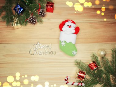 Ahşap arka plan christmas dekorasyon kompozisyonu