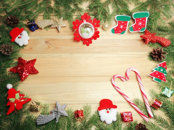 Christmas decoration and copy space on wooden background — Stock Photo, Image