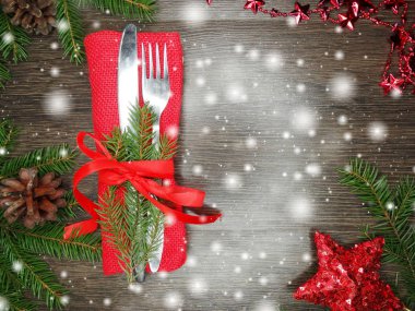 Noel tablo yer ayarını Çamın dalları ve dekorasyon