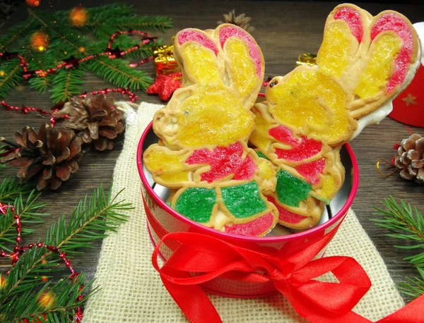 Christmas cookies gingerbread and decoration on wooden backgroun — Stock Photo, Image