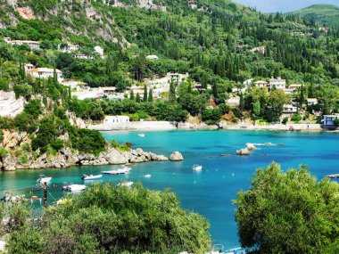 Paleokastritsa mavi lagün sahil peyzaj Ionian sea Korfu 