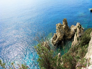 Paleokastritsa mavi lagün sahil peyzaj Ionian sea Korfu 