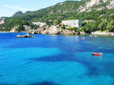 Paleokastritsa mavi lagün sahil peyzaj Ionian sea Korfu 