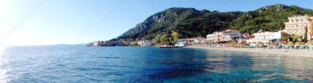 panorama blue lagoon coast landscape ionian sea on Corfu island 