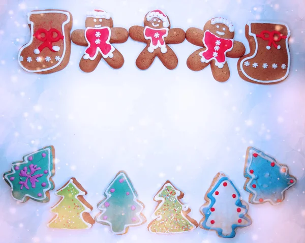 Christmas cookies gingerbread and decoration on wooden backgroun — Stock Photo, Image