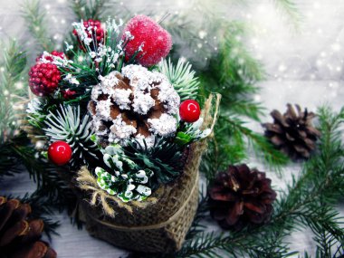 Noel dekorasyon kış meyveleri ve ahşap adam karda