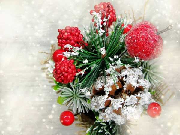 Christmas decoration winter berries apple and snow on wooden bac — Stock Photo, Image