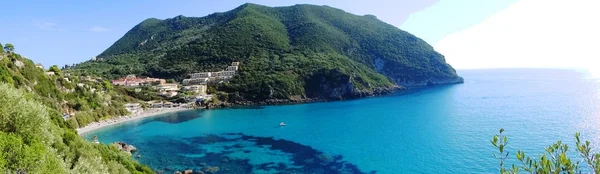 Panorama blue lagoon coast landscape ionian sea on Corfu island — Stock Photo, Image