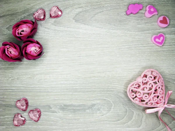 Corações e flores rosa saudação cartão dia dos namorados amor holid — Fotografia de Stock