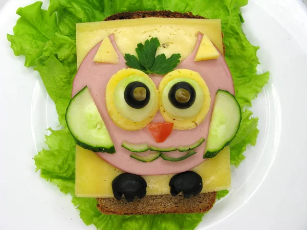 Kreativní jídlo sendvič s klobásou a sýrem, podávaná na salátu — Stock fotografie