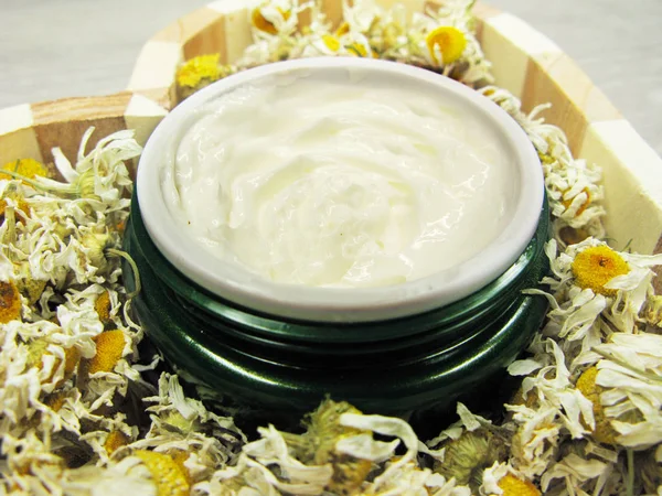 Crème cosmétique pour les soins du visage et les fleurs de marguerite — Photo