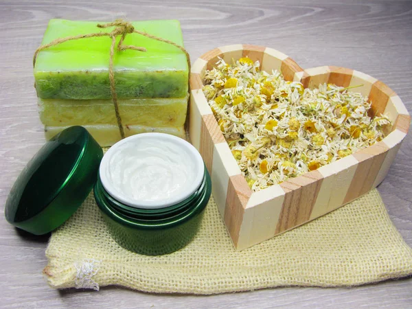 Kosmetyk krem do twarzy Pielęgnacja i daisy kwiaty naturalnymi protokołu soap — Zdjęcie stockowe