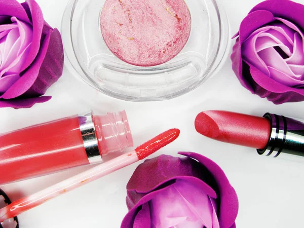 Lipstick eye shadows lipgloss group set cosmetic for makeup fash — Stock Photo, Image