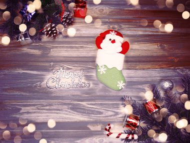 Noel dekorasyon ve garland vintage ahşap backgr ışıkları