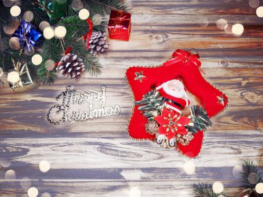 Noel dekorasyon ve garland vintage ahşap backgr ışıkları