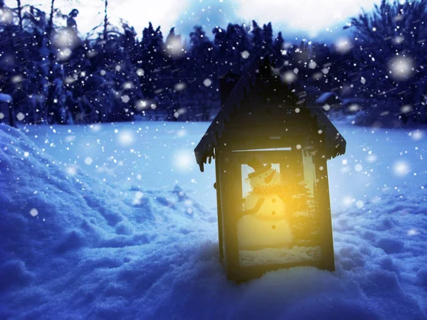 눈과 눈송이와 랜 턴 크리스마스 인사말 카드 — 스톡 사진