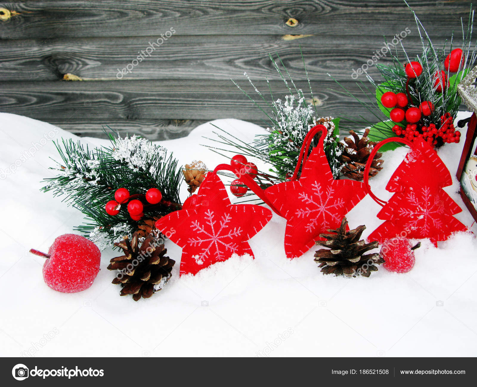 Christmas Lantern Decoration Winter Berries And Snow On Wooden B
