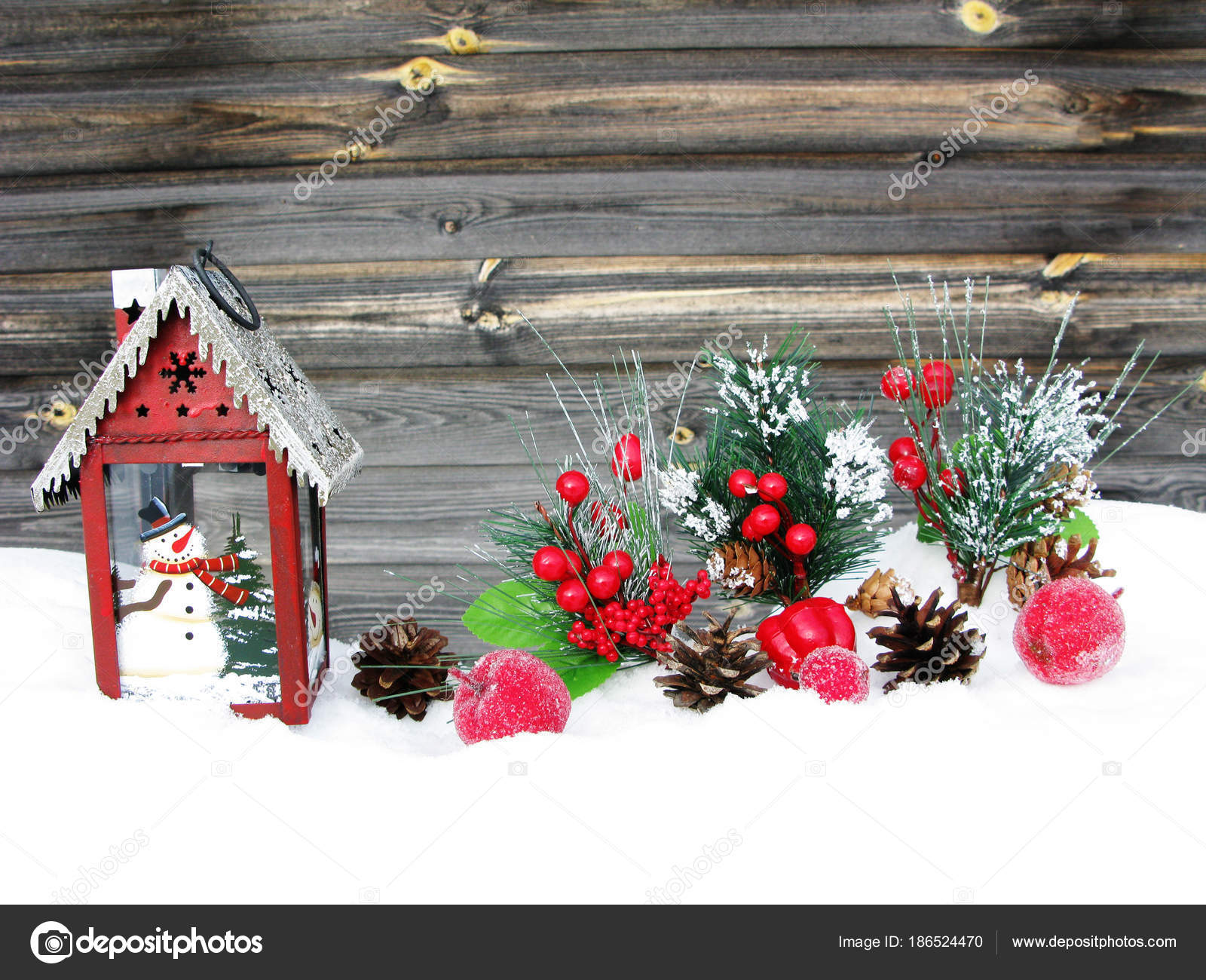 Christmas Lantern Decoration Winter Berries And Snow On Wooden B