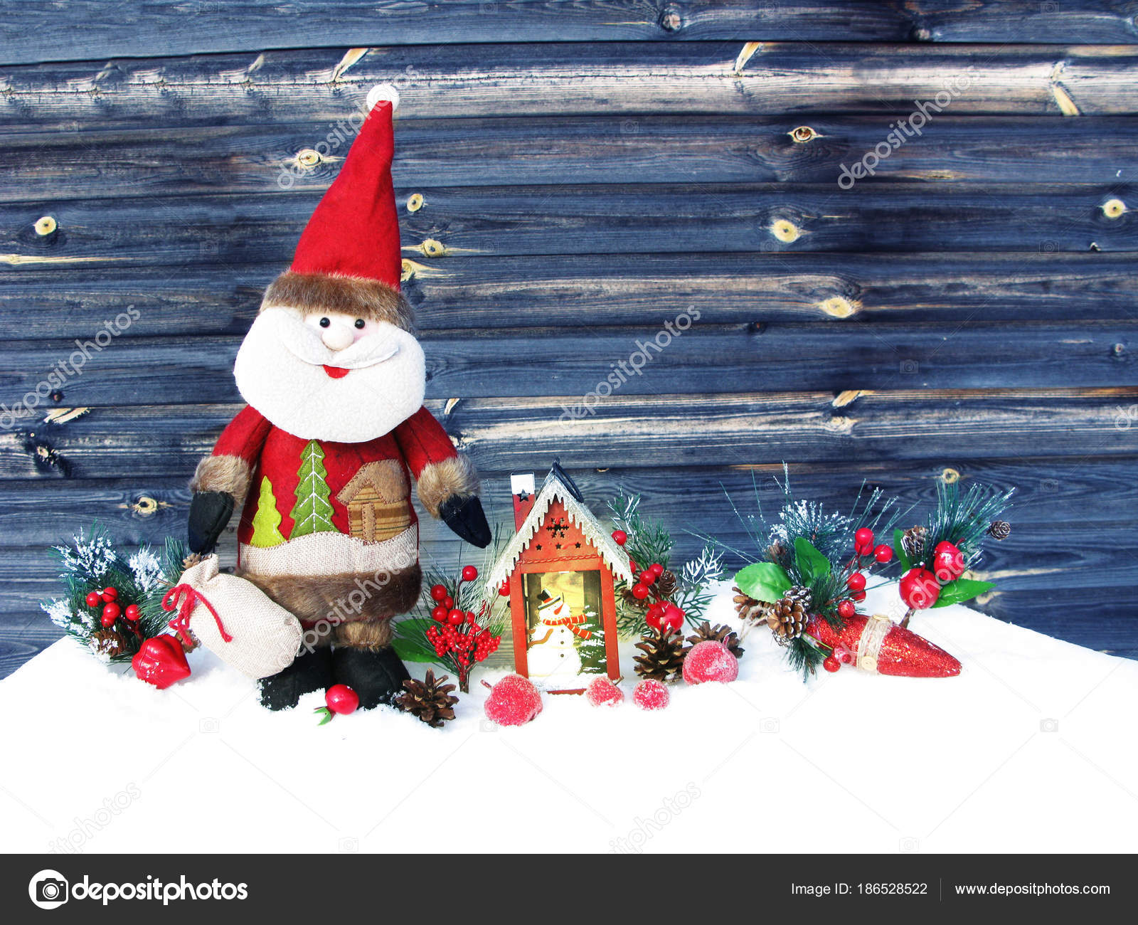 Christmas Lantern Decoration Winter Berries And Snow On Wooden B