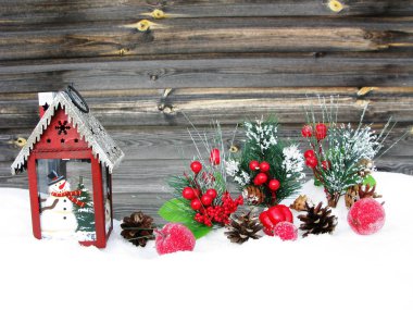 Noel fener dekorasyon kış meyveleri ve ahşap b karda