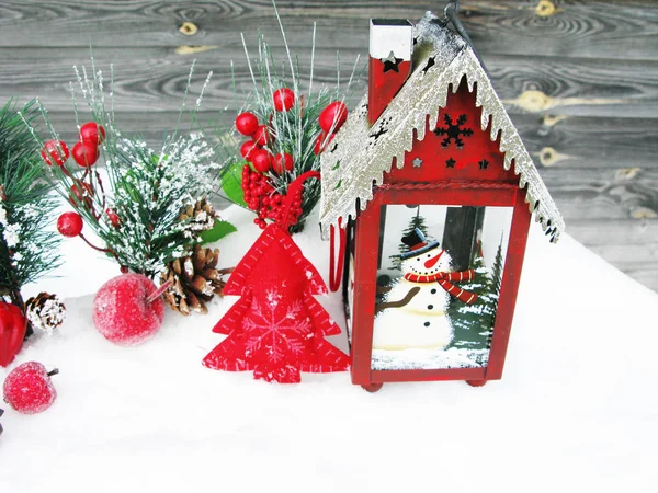 크리스마스 랜 턴 장식 겨울 딸기와 나무 b에 눈 — 스톡 사진