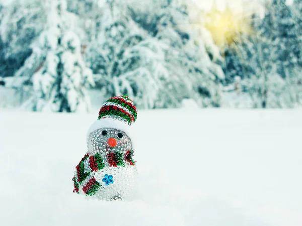 Feliz tarjeta de felicitación de Navidad muñeco de nieve con nieve y copos de nieve — Foto de Stock