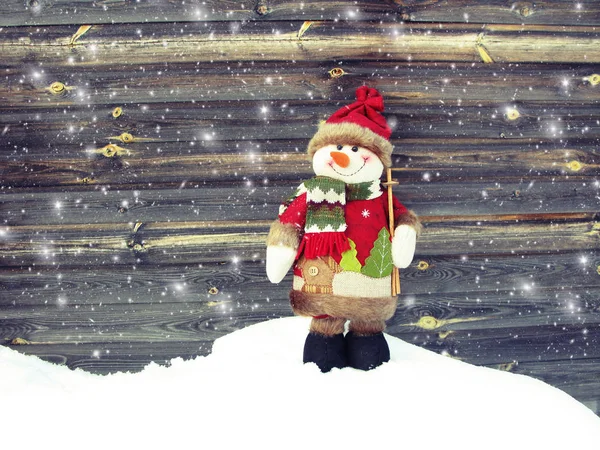Joyeux bonhomme de neige carte de voeux de Noël avec neige et flocons de neige — Photo