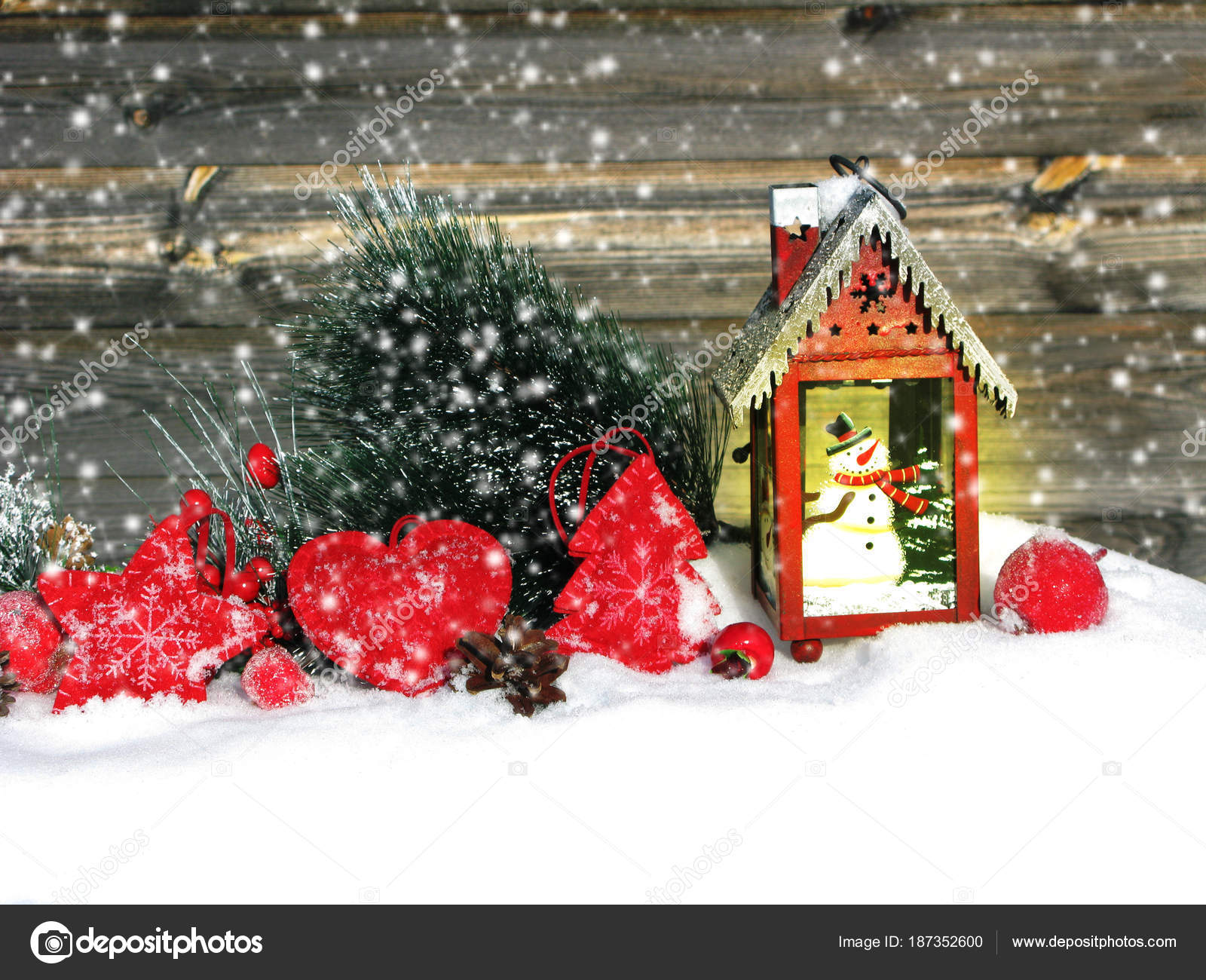 Christmas Lantern Decoration Winter Berries And Snow On Wooden B
