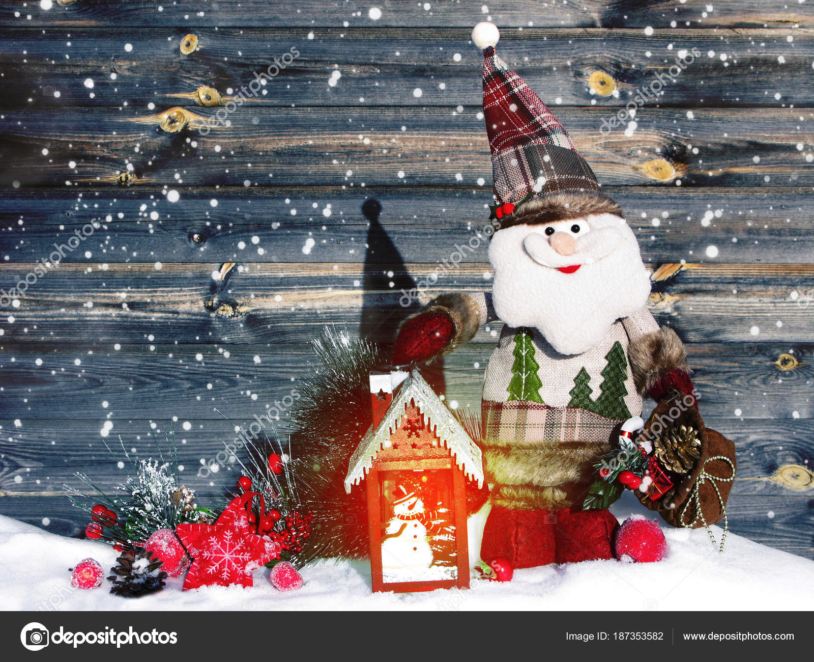 Christmas Lantern Decoration Winter Berries And Snow On Wooden B