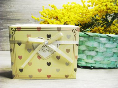 Mimoza sarı bush bahar çiçek arka plan 8 Mart kartı