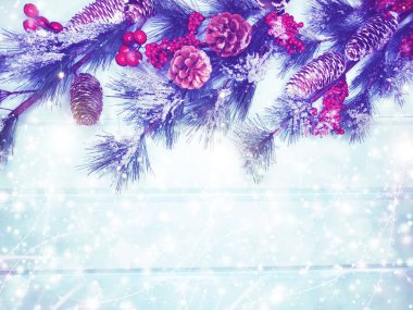 köknar dalları konileri ve kar ile kış arka plan