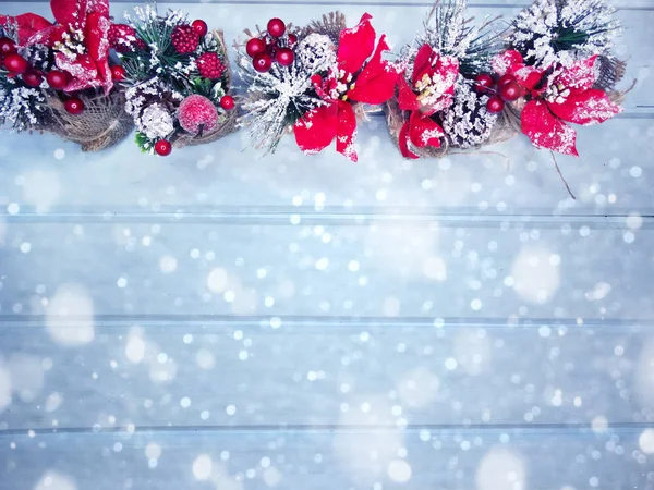 Зимовий фон з ялиновими гілками конусами та снігом — стокове фото