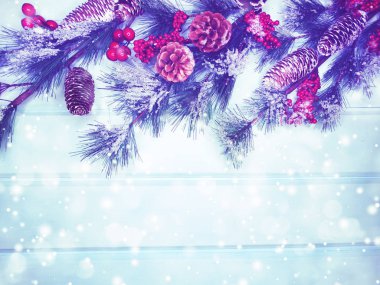 köknar dalları konileri ve kar ile kış arka plan