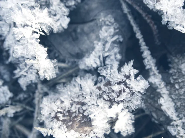 Kar tanelerinin, kristallerin ve karın olduğu kış arkaplanı — Stok fotoğraf