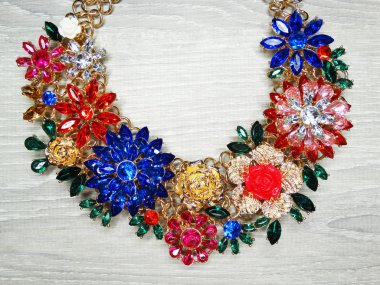jewelry fashion beads necklace background with colorful crystals