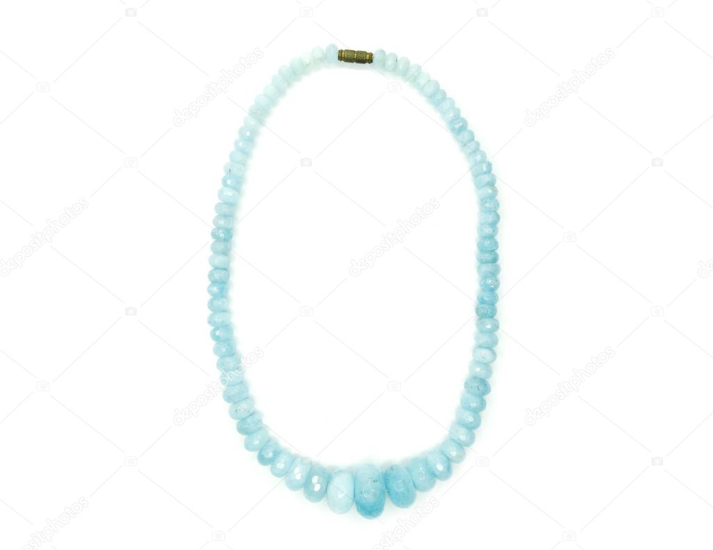 jewelry fashion beads necklace with natural stones crystals aquamarine isolated                              