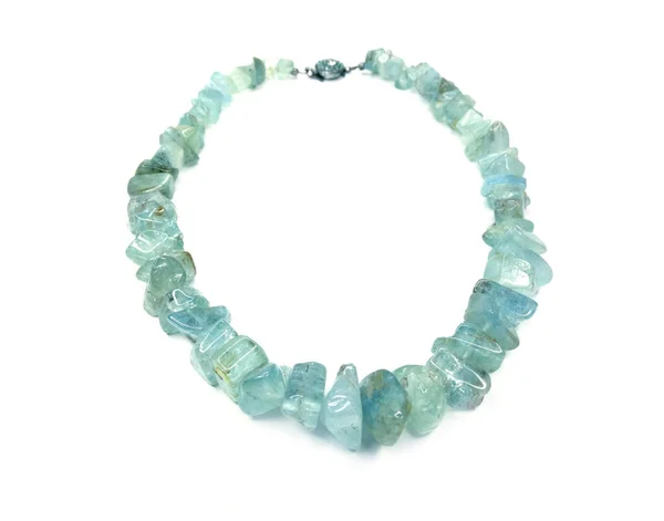Jewelry Fashion Beads Necklace Natural Stones Crystals Aquamarine Isolated — Stock Photo, Image