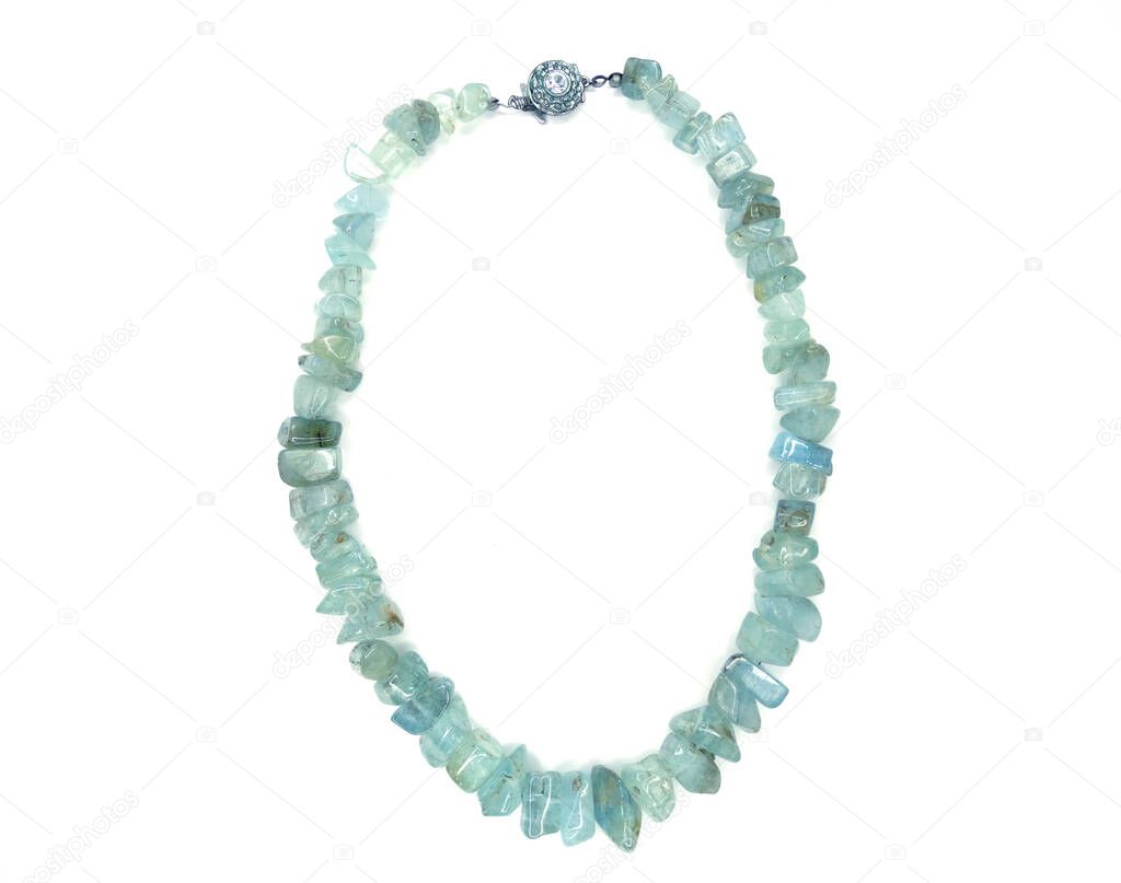 jewelry fashion beads necklace with natural stones crystals aquamarine isolated                              