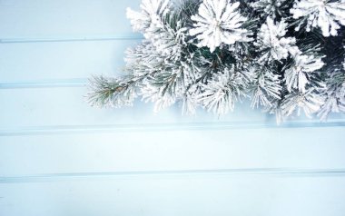 Kış Noel arkaplanı köknar dalları koniler ve mavi ahşap dokuda kar                              