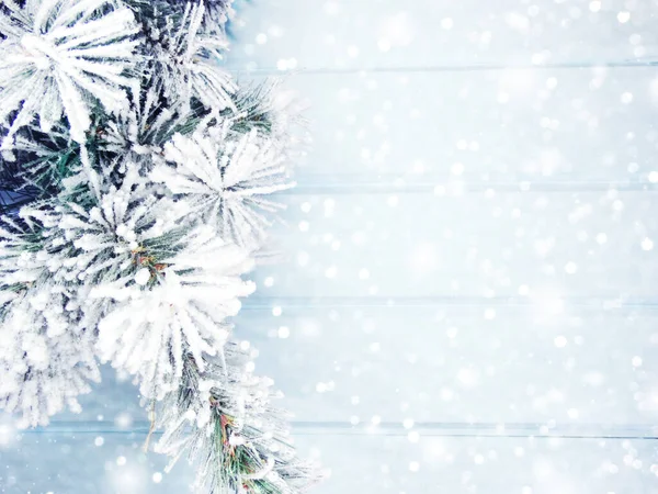 Winter Weihnachten Hintergrund Mit Tannenzapfen Und Schnee Auf Blauem Holz — Stockfoto