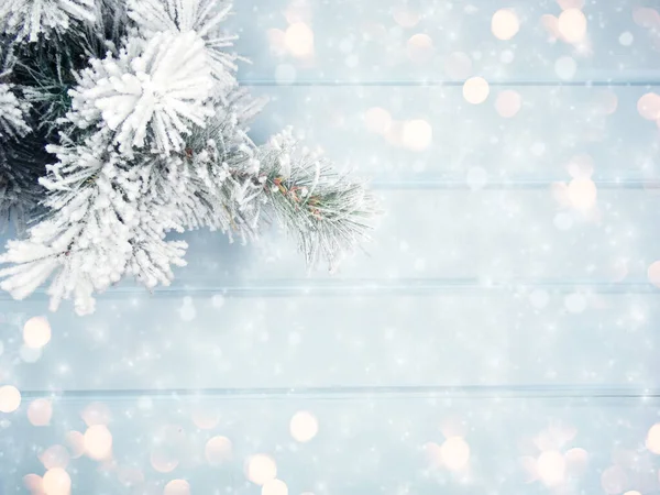 Inverno Sfondo Natale Con Coni Rami Abete Neve Texture Legno — Foto Stock