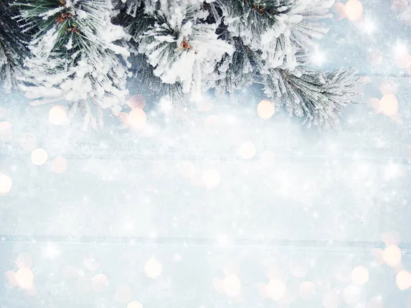 Zimní Vánoční Pozadí Jedlovými Větvemi Kužely Sníh Modré Dřevěné Textuře Stock Snímky