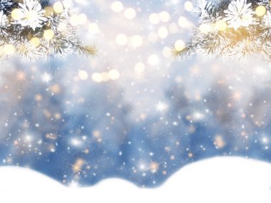 Yılbaşı arka planında kar köknar dalları orman zemininde koni