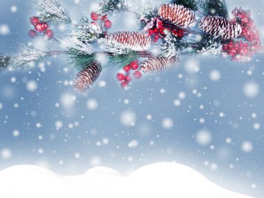 Kış Noel arkaplanında kar köknar dalları donmuş dutlar