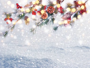 Yılbaşı arka planında kar köknar dalları orman zemininde koni