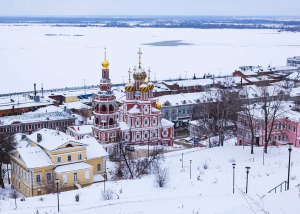 Paisaje Invernal Vista Del Río Volga Congelado Iglesia Stroganov Nizhny —  Fotos de Stock
