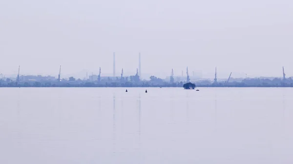 View Cargo River Port Kazan Skyline Volga River Haze — Stock Photo, Image
