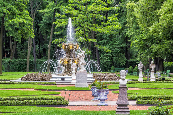 Saint Petersburg, Russia - July 8, 2017.  Letny Sad  - park ensemble of the 18th century. Fountain, park sculpture.