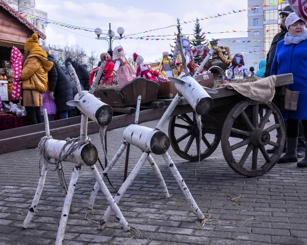 Vladimir Russia March 2020 Shrovetide Celebration Wooden Toys Goats Translate — Stock Fotó