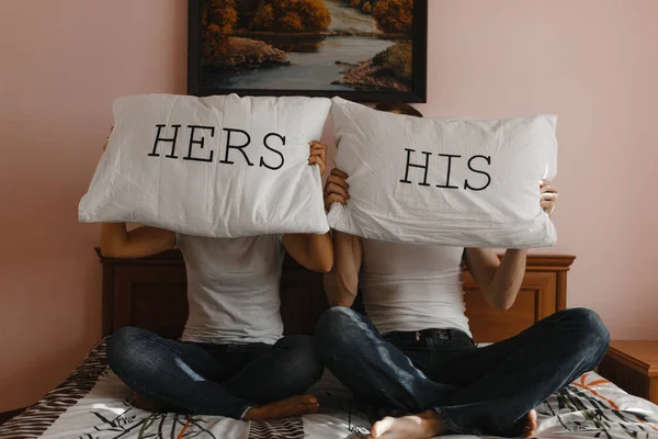 Man Woman Sitting Bed Holding Pillows Hands — Stock Photo, Image